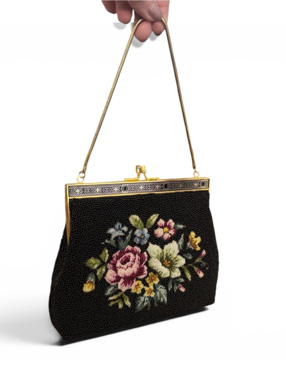 Vintage 50’s Hoover Hand Beaded Petit Point Black Floral Kiss Lock Evening Bag